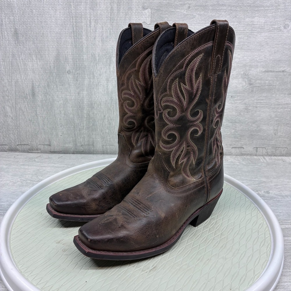 Laredo Cowboy Boots Women's 8 Brown Leather Western Embroidered Square Toe 51098